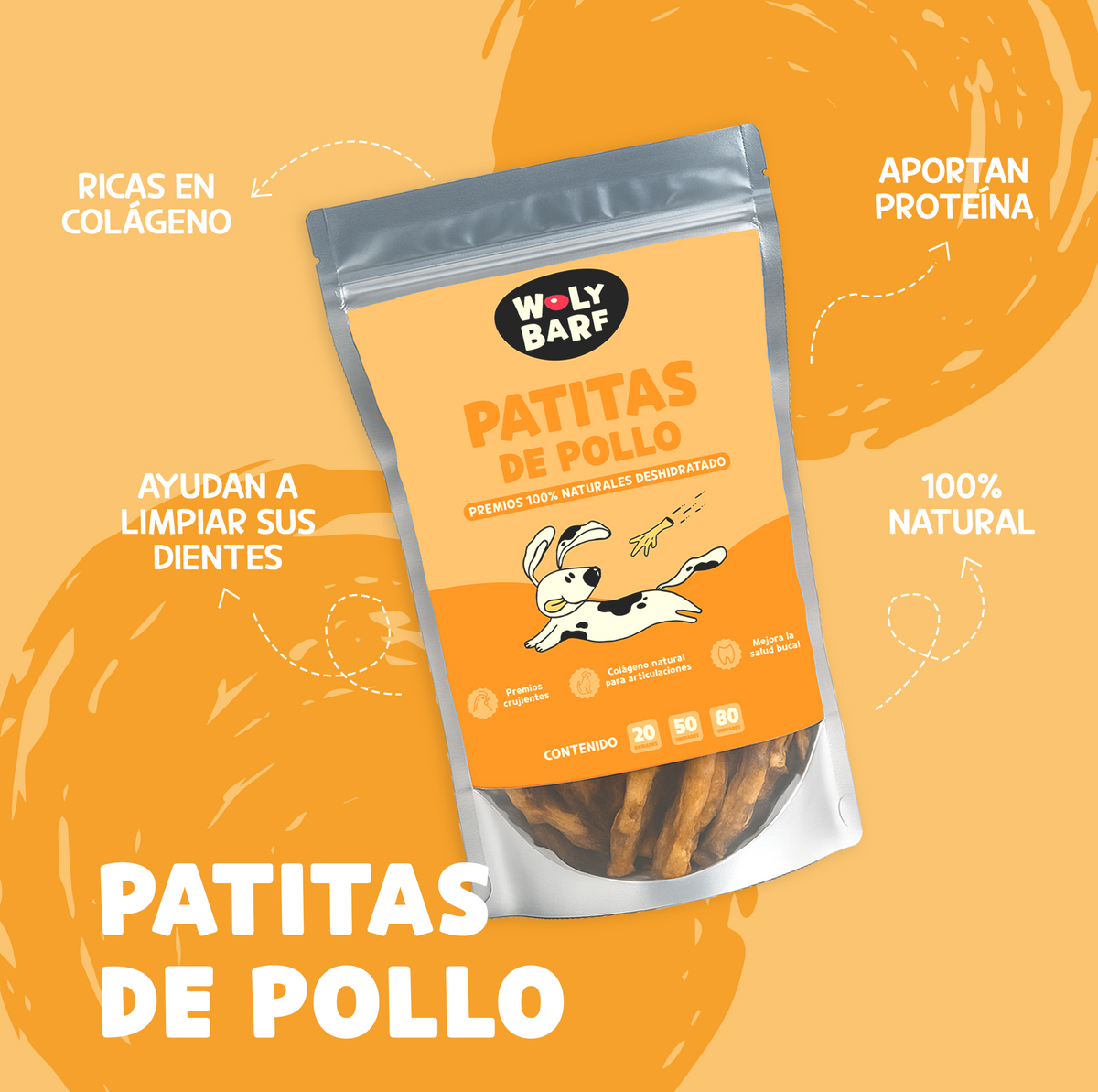 SNACK Woly Patas de pollo deshidratadas bolsa x 20 UND